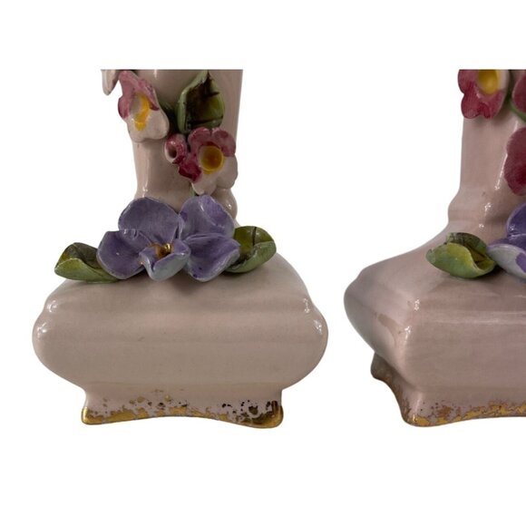 Vintage 1950s Set of 2 Pink/Gold Bud Vases w/ Applied Flowers Darvill LA Cali - Picture 4 of 13